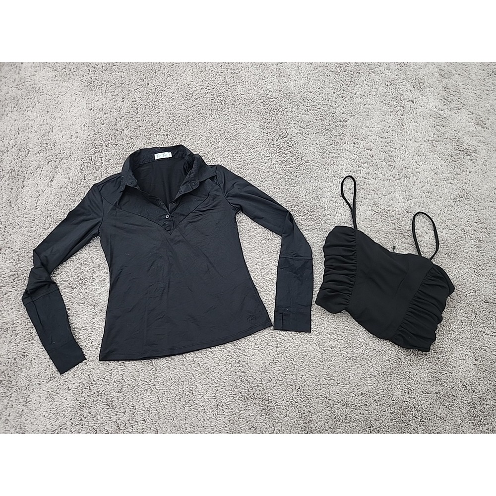 Zara & Trim Tops Blouse Cami Set Womens S Black Good Y2K Ruched Long Sleeve Crop